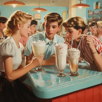 Pop realism artwork of a lively 1950s soda shop scene - Image 1