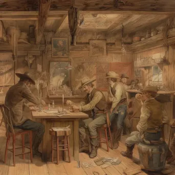 Image of a rustic 1800s western saloon with cowboys, poker game, and whiskey bottles - Image 1