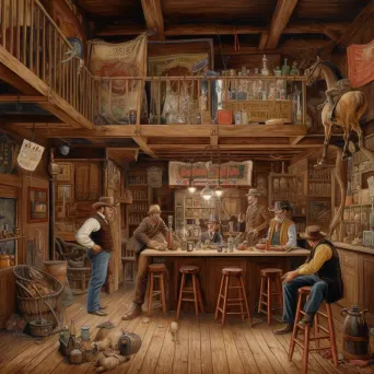 Image of a rustic 1800s western saloon with cowboys, poker game, and whiskey bottles - Image 3