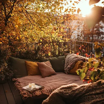 Outdoor terrace with cushions and throws surrounded by vibrant autumn leaves - Image 4