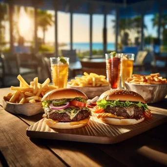 Colorful burgers, fries, and sodas on a wooden table - Image 2