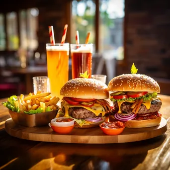 Colorful burgers, fries, and sodas on a wooden table - Image 3