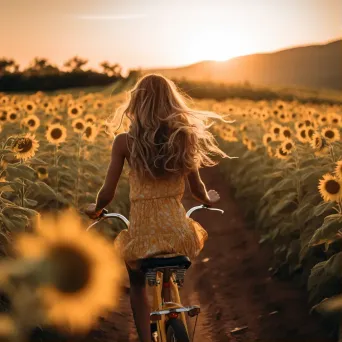 Person biking in sunflower field at golden hour - Image 1