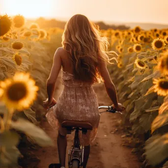 Person biking in sunflower field at golden hour - Image 2