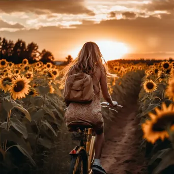 Person biking in sunflower field at golden hour - Image 4