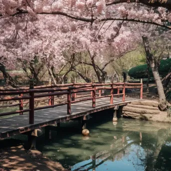 Cherry blossom trees in full bloom in a Japanese garden - Image 1