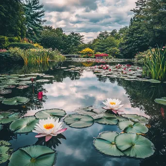 Tranquil pond with blooming water lilies. - Image 4