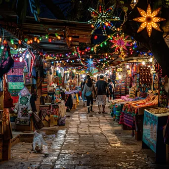 Shoppers browsing a lively holiday market with bright stalls. - Image 3