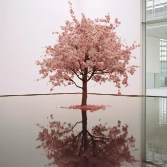 Depiction of a tree with its reflection showing different seasons on a serene lake - Image 2