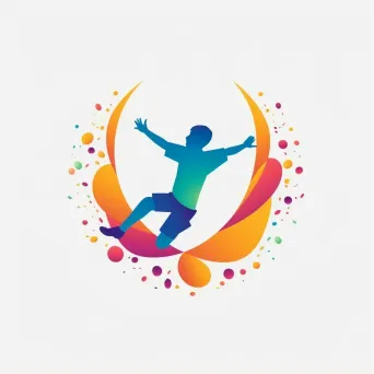 Dynamic logo with a child jumping, formed by overlapping shapes of sports equipment. - Image 1