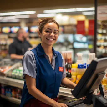 Cashier warmly engaging with customers while scanning groceries. - Image 2