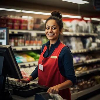 Cashier warmly engaging with customers while scanning groceries. - Image 3