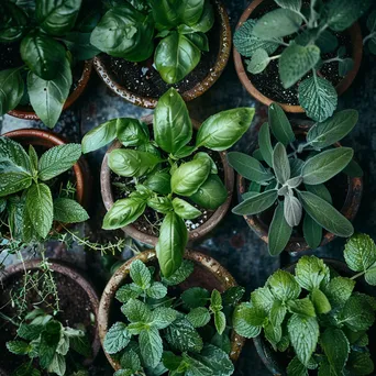 Organic Herbs Displayed in Pots