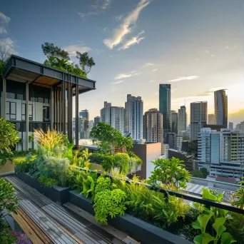 Aerial view of an urban rooftop garden with city skyline in the background - Image 1