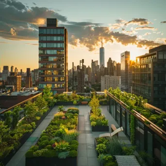 Aerial view of an urban rooftop garden with city skyline in the background - Image 4