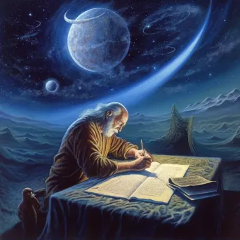 Scribe writing predictions with celestial events in the background - Image 2