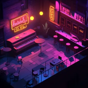 Low poly isometric view of a noir-like jazz club scene with neon signs - Image 4