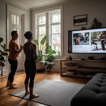 Fitness coach on video call with client in home gym - Image 2