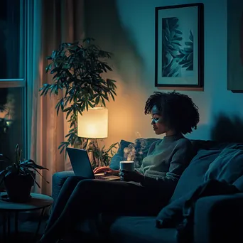 Employee enjoying a coffee break on a sofa with a laptop - Image 1