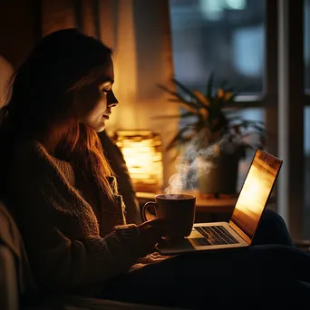 Employee enjoying a coffee break on a sofa with a laptop - Image 2