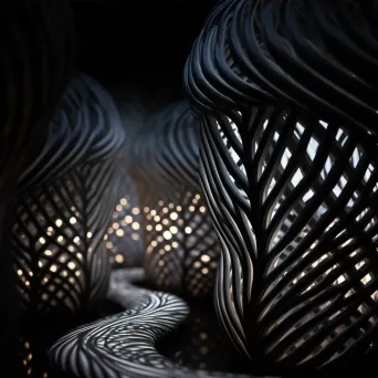 Intricate light sculpture with patterns of light and shadow in dark room - Image 3