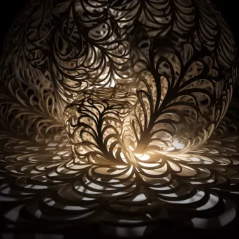 Intricate light sculpture with patterns of light and shadow in dark room - Image 4