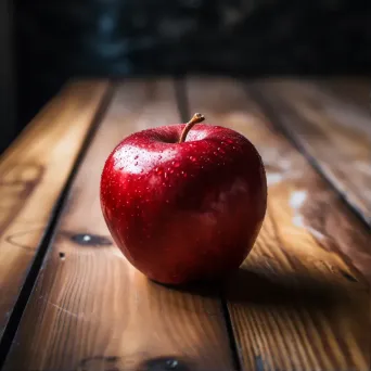 Single red apple on wooden table with soft lighting - Image 1