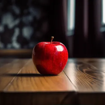 Single red apple on wooden table with soft lighting - Image 2