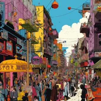 Illustration of a colorful street festival uniting a divided city, symbolizing communal joy - Image 3