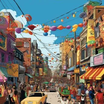 Illustration of a colorful street festival uniting a divided city, symbolizing communal joy - Image 4