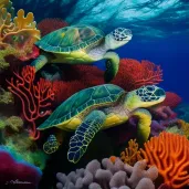 Image of critically endangered Hawksbill turtles swimming amongst vibrant coral reefs - Image 1