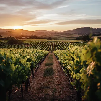 Vineyards at Sunset Over Rolling Hills