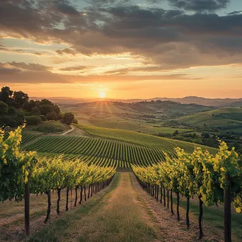 Vineyards stretching towards rolling hills at sunset - Image 2