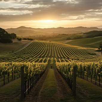 Vineyards stretching towards rolling hills at sunset - Image 3