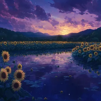 A sunflower field bathed in twilight hues, with striking reflections in a tranquil pond - Image 1