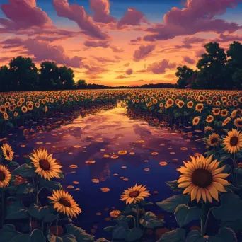 A sunflower field bathed in twilight hues, with striking reflections in a tranquil pond - Image 3