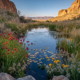 Desert spring with wildflowers next to calm water at sunset - Image 1