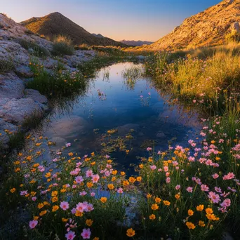 Desert spring with wildflowers next to calm water at sunset - Image 3