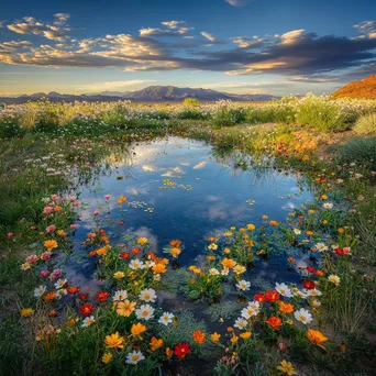 Desert spring with wildflowers next to calm water at sunset - Image 4