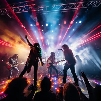 Rock band performing energetically on stage with colorful lights. - Image 1