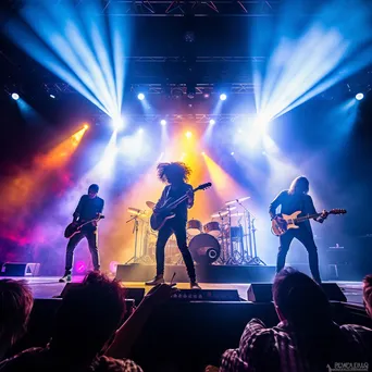 Rock band performing energetically on stage with colorful lights. - Image 2