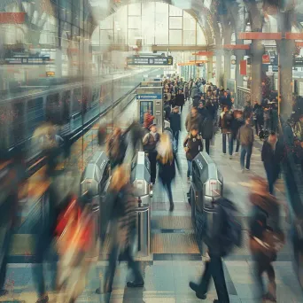 Busy urban train station with commuters rushing through platforms and boarding trains in a modern city setting. - Image 2