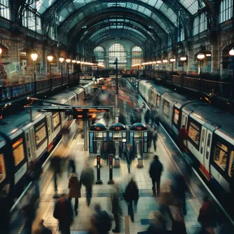 Busy urban train station with commuters rushing through platforms and boarding trains in a modern city setting. - Image 4