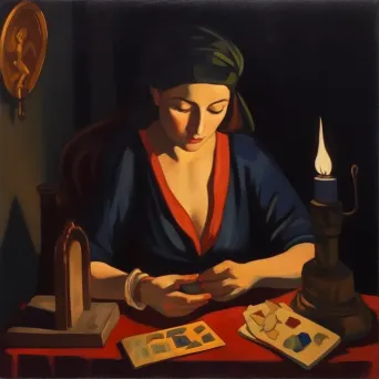 Mystical woman reading tarot cards by candlelight symbolizing esoteric wisdom - Image 1