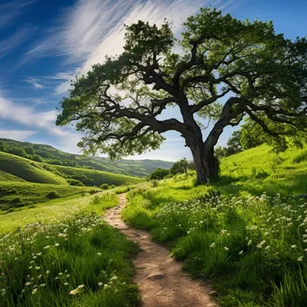 Historic trail in a lush green valley with wildflowers - Image 1