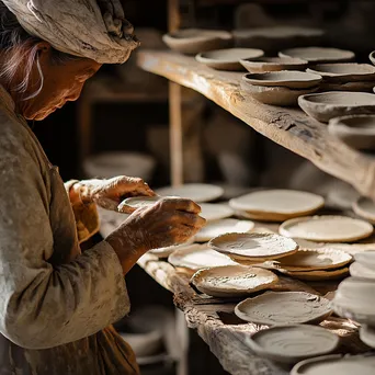 Artisan placing dried clay plates on a shelf - Image 1