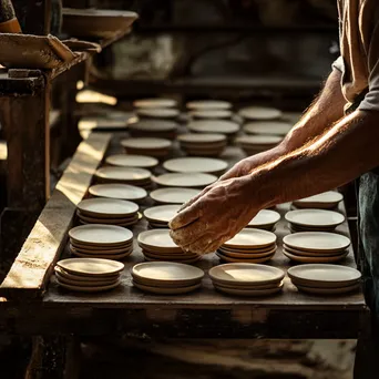 Artisan placing dried clay plates on a shelf - Image 2