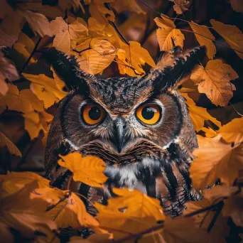 Camouflaged owl among autumn leaves in a forest - Image 1