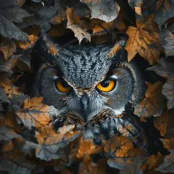 Camouflaged owl among autumn leaves in a forest - Image 2