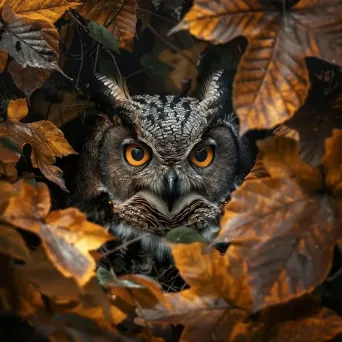 Camouflaged owl among autumn leaves in a forest - Image 3